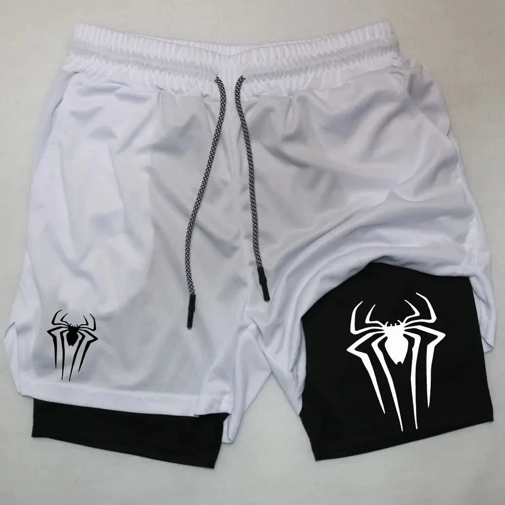 Y2K Spider Print 2-in-1 Men's Workout Shorts – Compression + Mesh Layer - OJABay