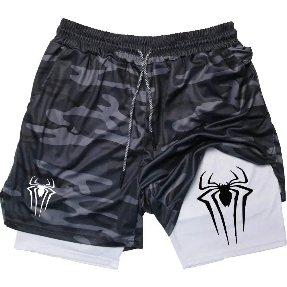 Y2K Spider Print 2-in-1 Men's Workout Shorts – Compression + Mesh Layer - OJABay