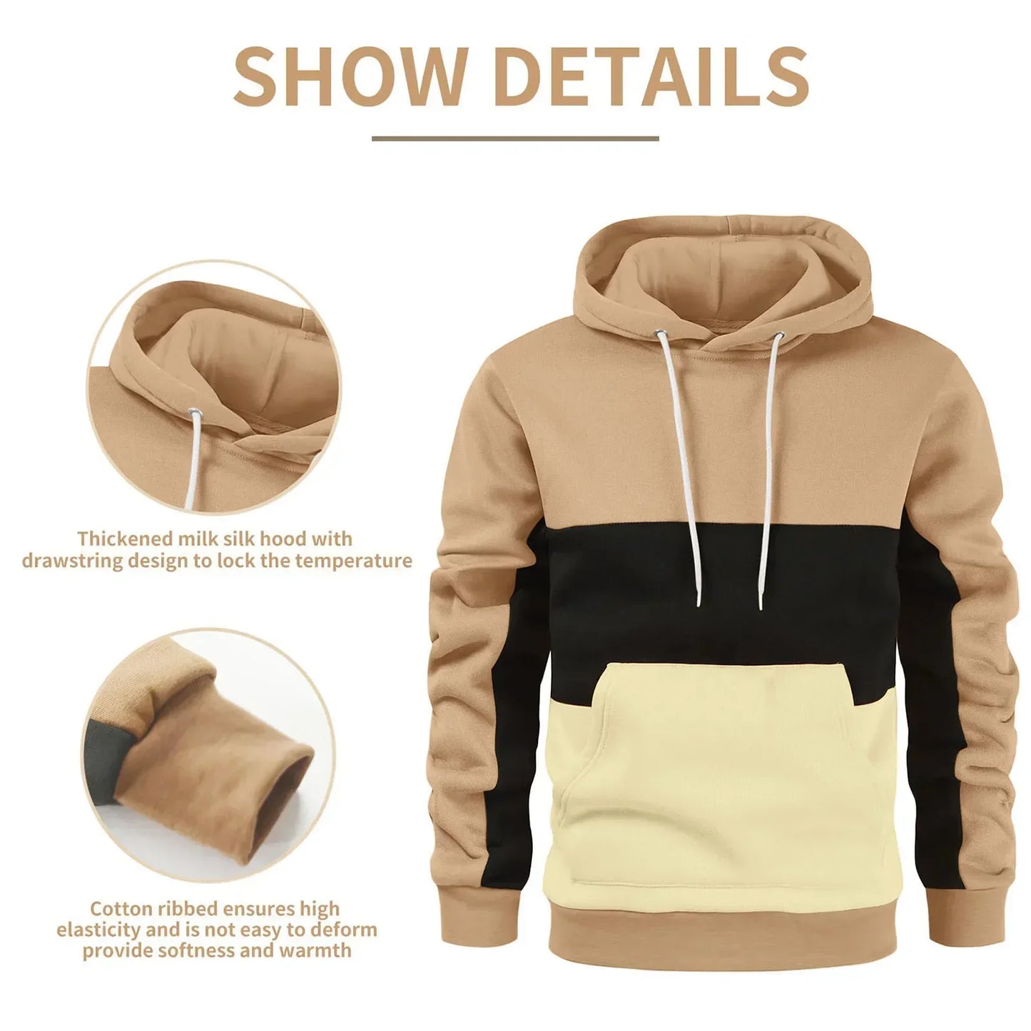 Men’s Patchwork Fleece Hoodie – Warm Casual Streetwear Pullover - OJABay
