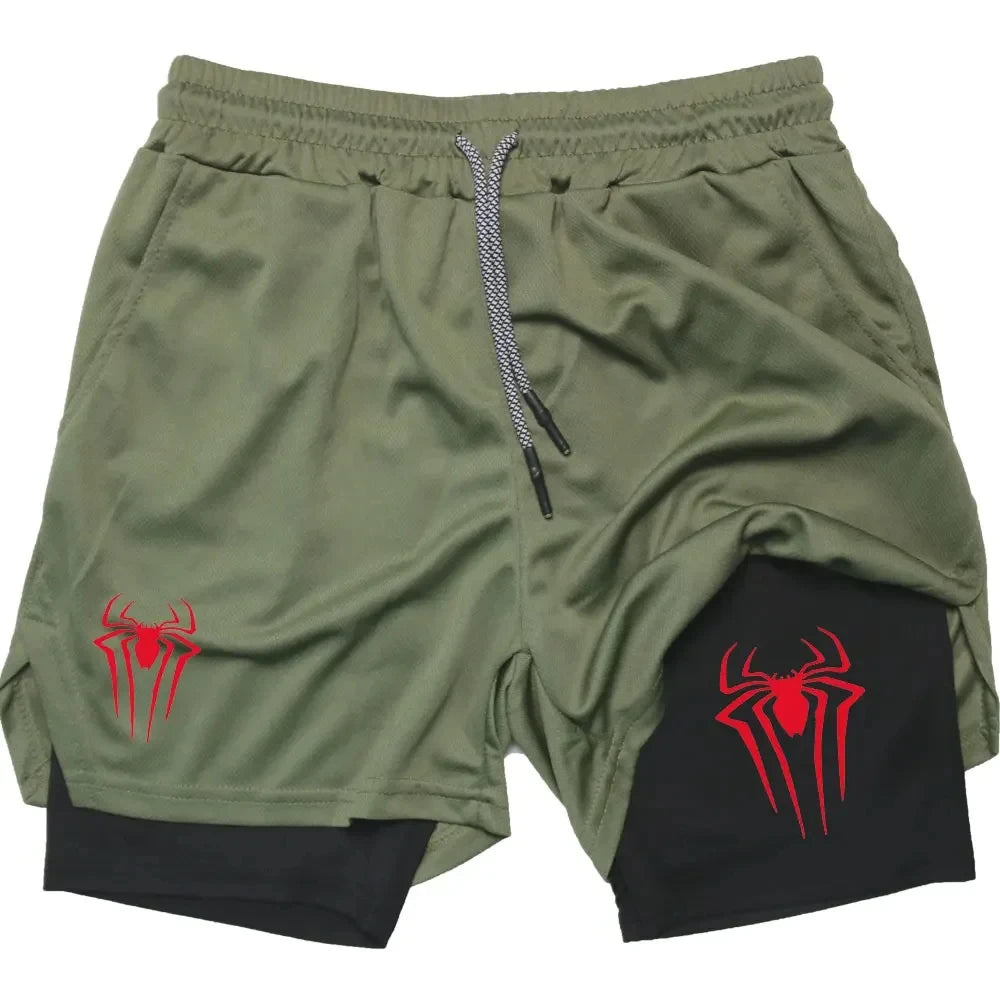 Y2K Spider Print 2-in-1 Men's Workout Shorts – Compression + Mesh Layer - OJABay