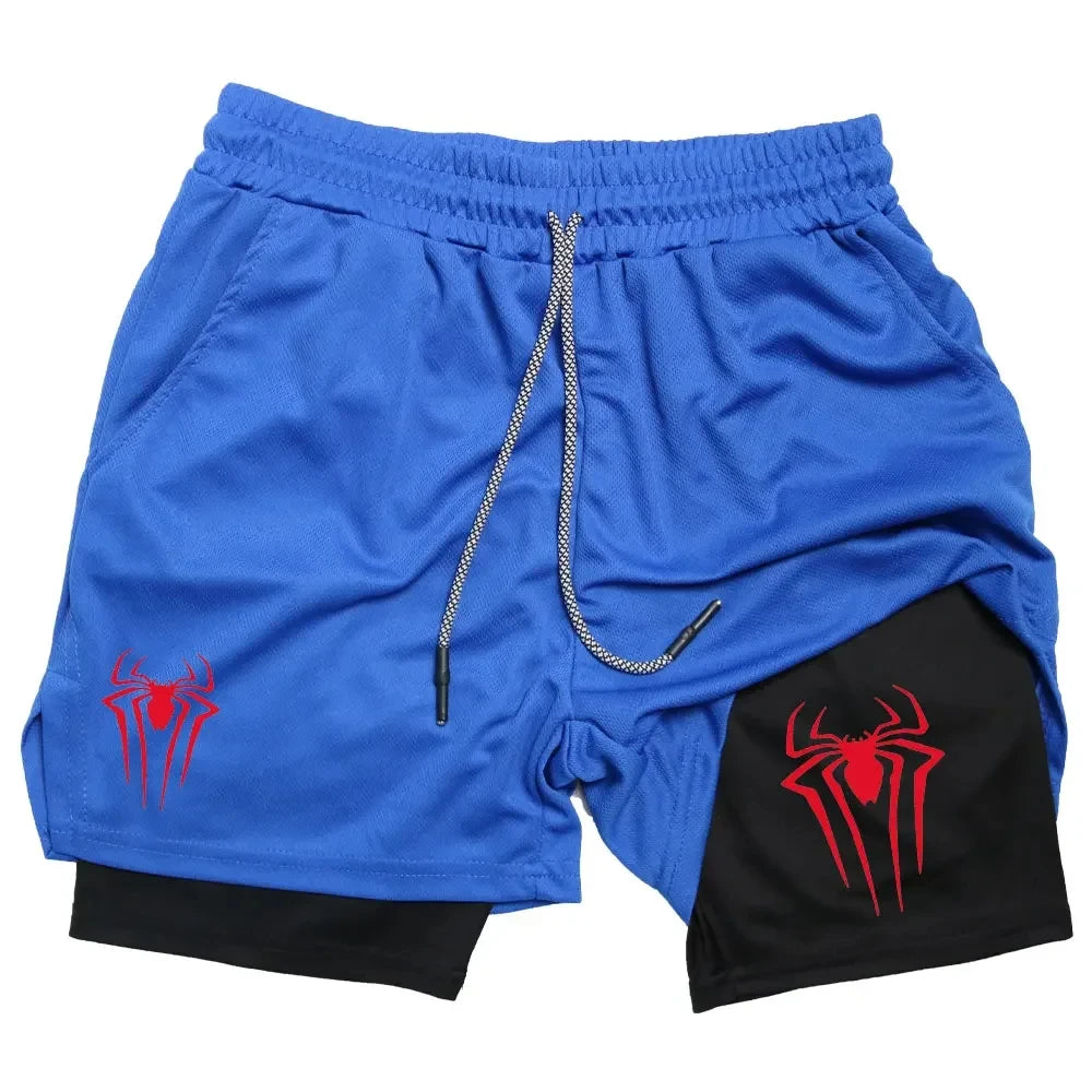 Y2K Spider Print 2-in-1 Men's Workout Shorts – Compression + Mesh Layer - OJABay