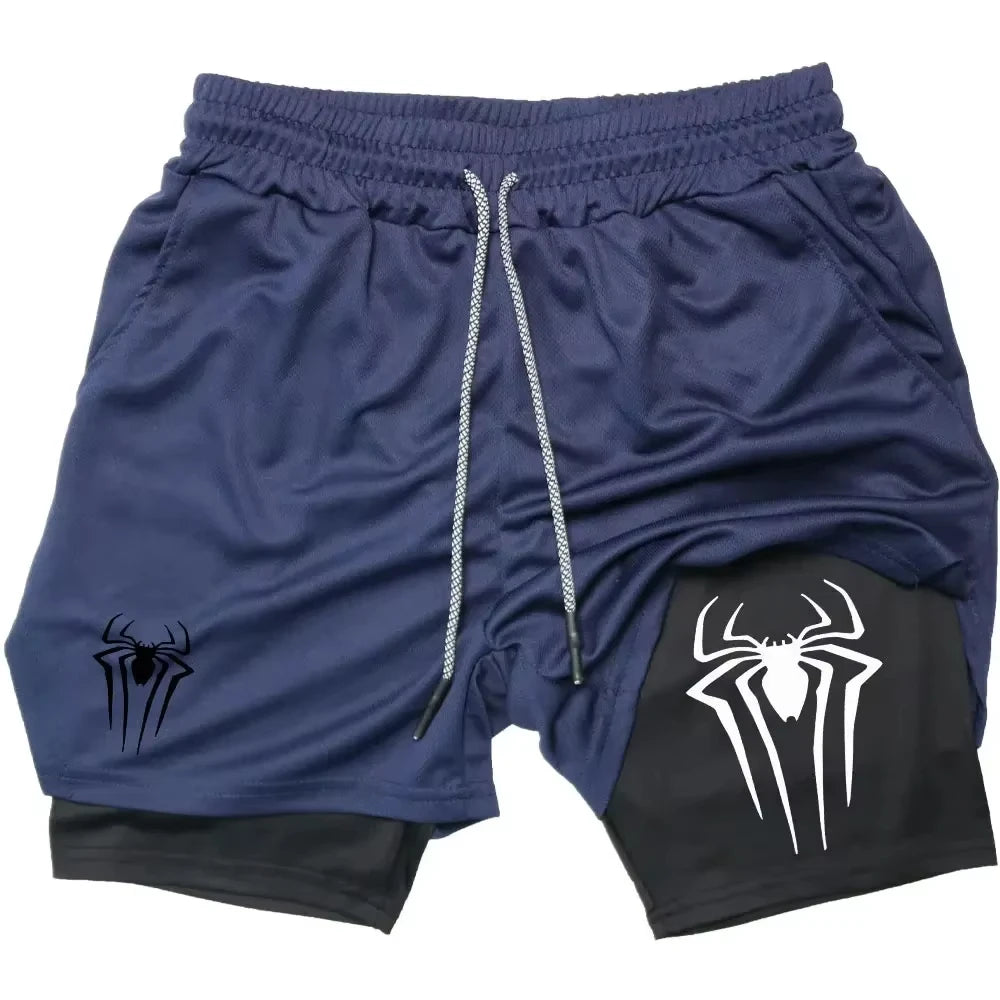 Y2K Spider Print 2-in-1 Men's Workout Shorts – Compression + Mesh Layer - OJABay