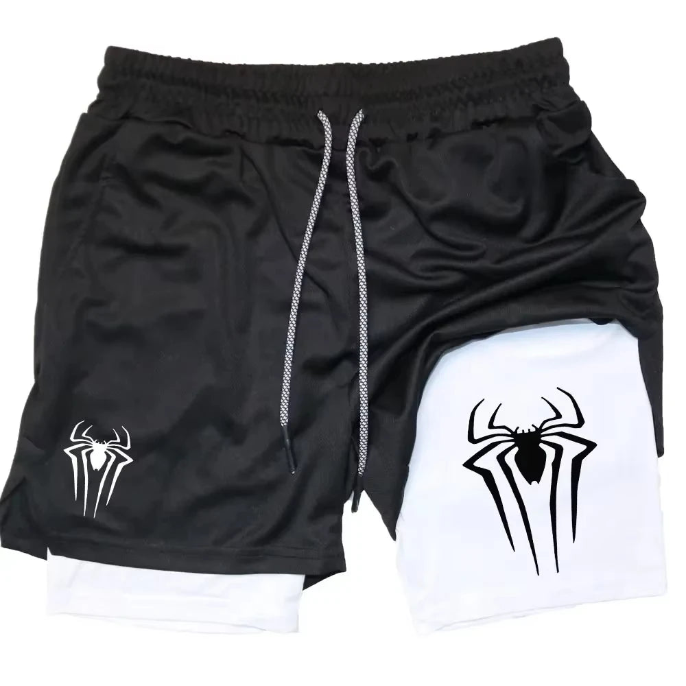 Y2K Spider Print 2-in-1 Men's Workout Shorts – Compression + Mesh Layer - OJABay