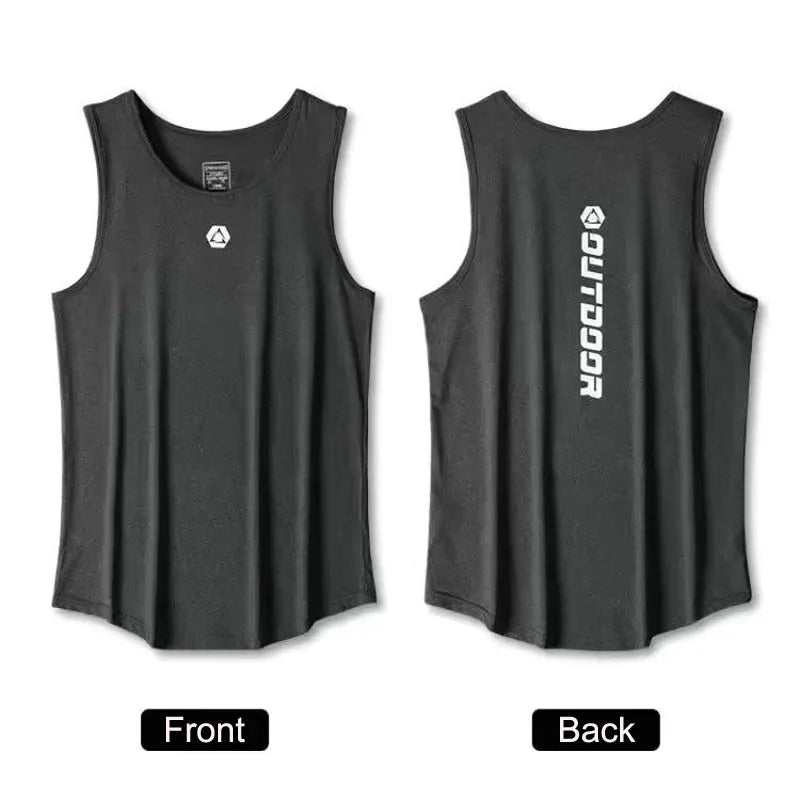 Black sleeveless shirt with logos on front and back, labeled 'Front' and 'Back'.