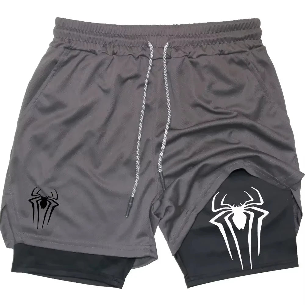 Y2K Spider Print 2-in-1 Men's Workout Shorts – Compression + Mesh Layer - OJABay