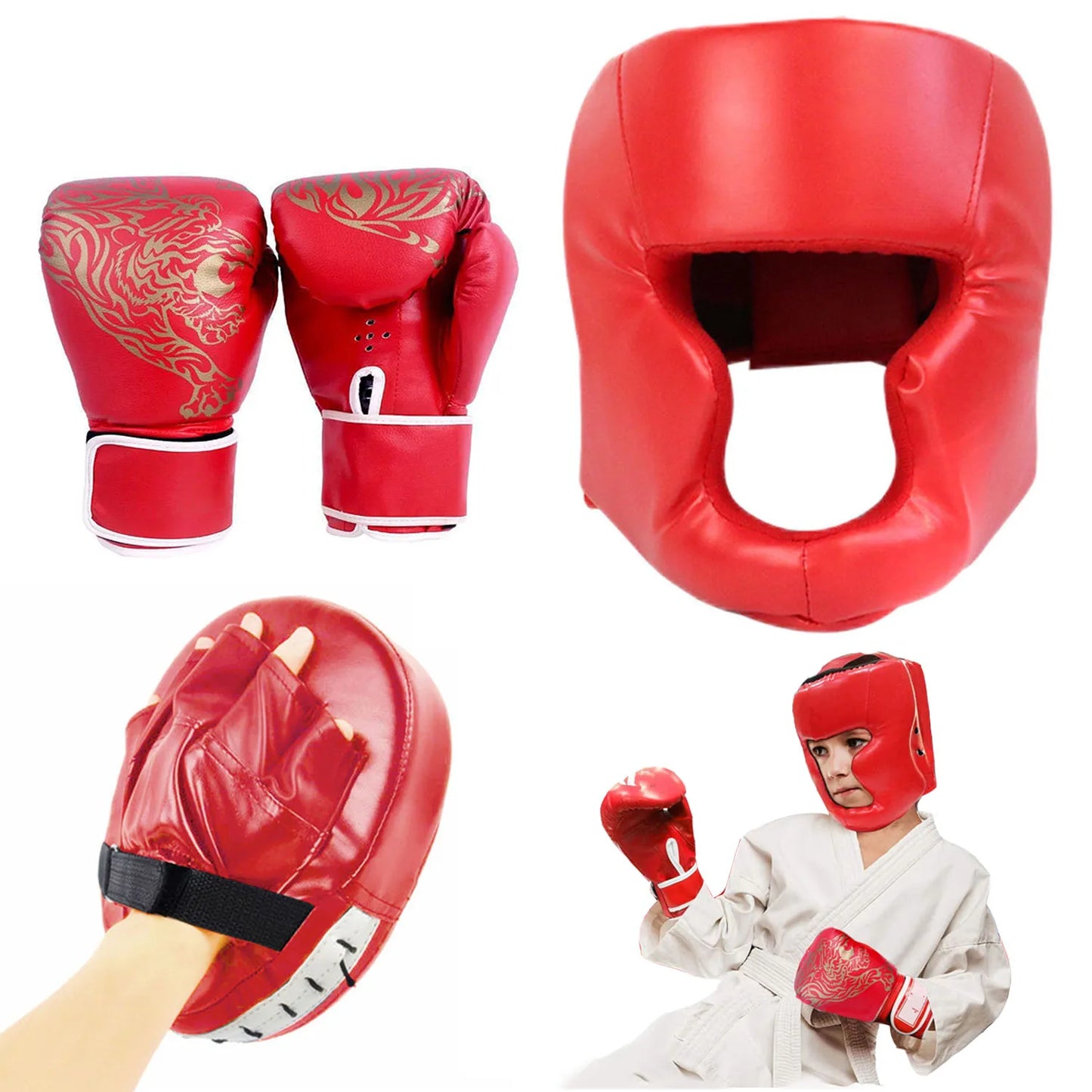MMA Boxing Gloves & Headgear – PU Leather Training Set for Adults & Kids