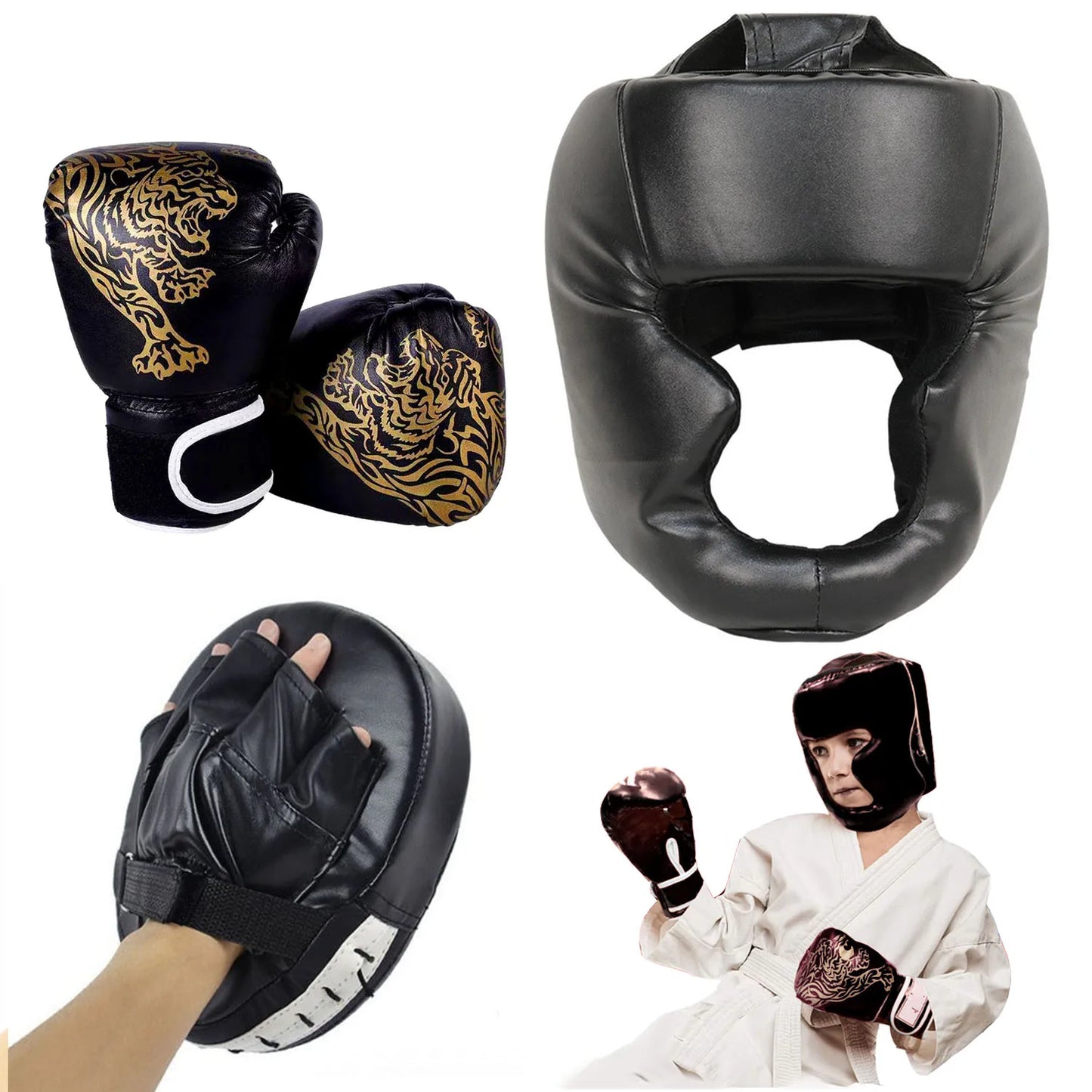 MMA Boxing Gloves & Headgear – PU Leather Training Set for Adults & Kids