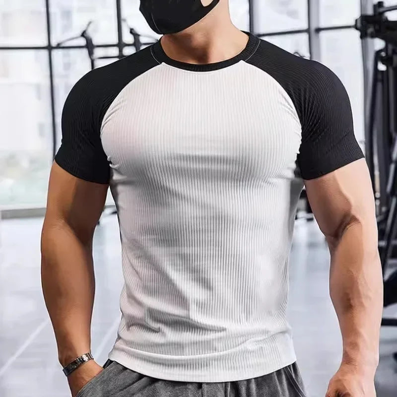 Men's Summer Compression Sports T-Shirt – Quick-Dry, Elastic, Striped Gym Tee - OJABay