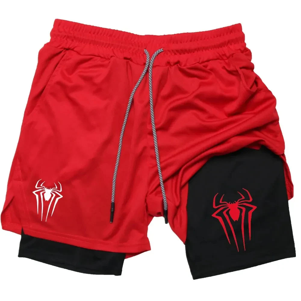 Y2K Spider Print 2-in-1 Men's Workout Shorts – Compression + Mesh Layer - OJABay