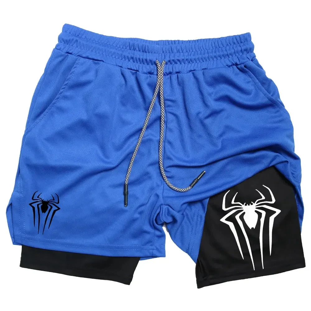 Y2K Spider Print 2-in-1 Men's Workout Shorts – Compression + Mesh Layer - OJABay