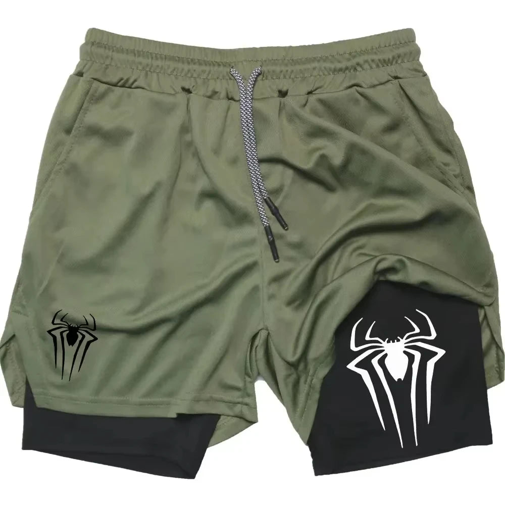 Y2K Spider Print 2-in-1 Men's Workout Shorts – Compression + Mesh Layer - OJABay