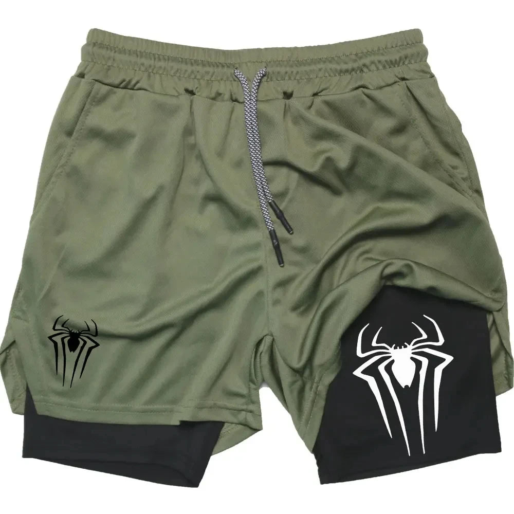 Y2K Spider Print 2-in-1 Men's Workout Shorts – Compression + Mesh Layer - OJABay
