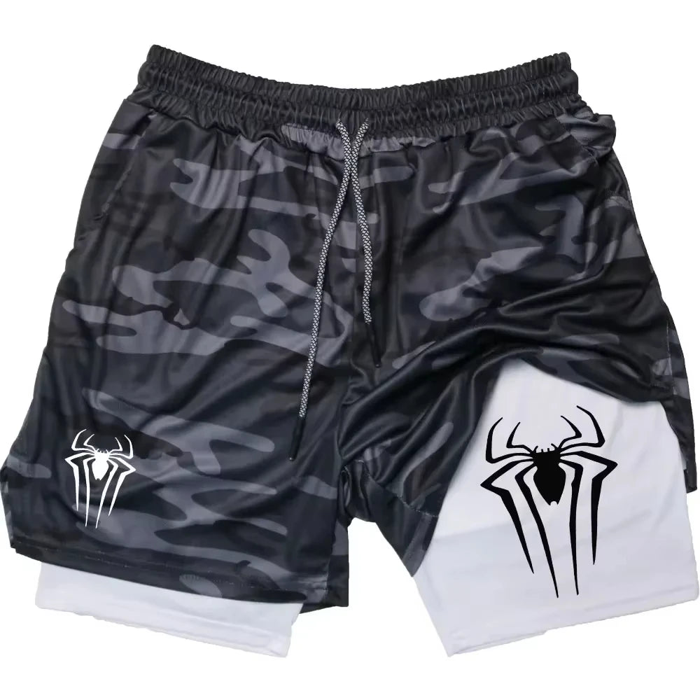 Y2K Spider Print 2-in-1 Men's Workout Shorts – Compression + Mesh Layer - OJABay