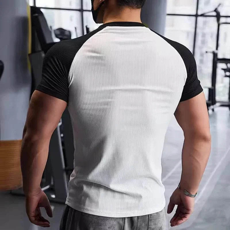 Men's Summer Compression Sports T-Shirt – Quick-Dry, Elastic, Striped Gym Tee - OJABay