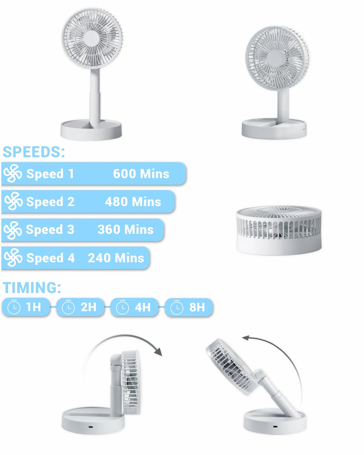 USB Foldable Mini Fan – 4 Speeds, Battery Operated, Timer-Controlled for Home & Outdoors - OJABay