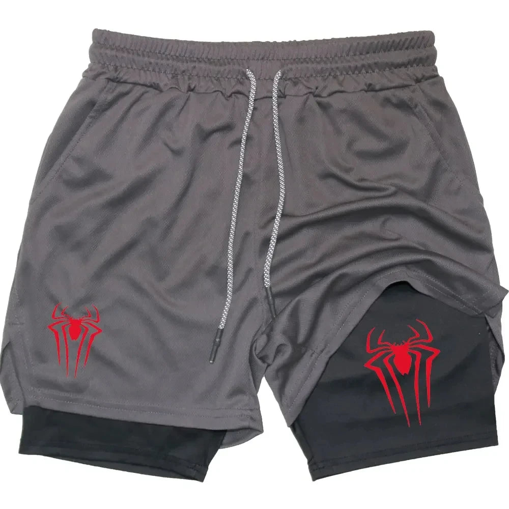 Y2K Spider Print 2-in-1 Men's Workout Shorts – Compression + Mesh Layer - OJABay
