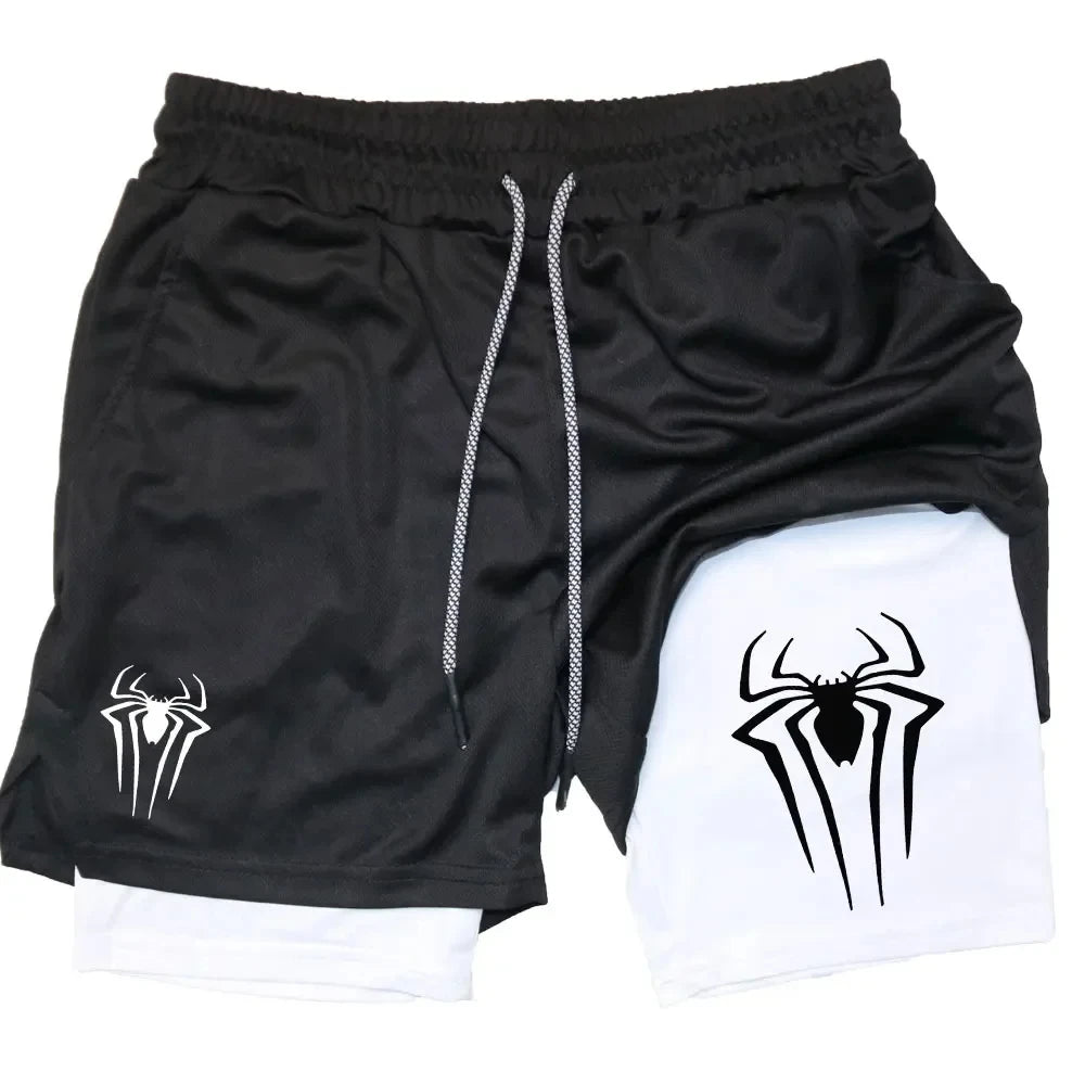 Y2K Spider Print 2-in-1 Men's Workout Shorts – Compression + Mesh Layer - OJABay