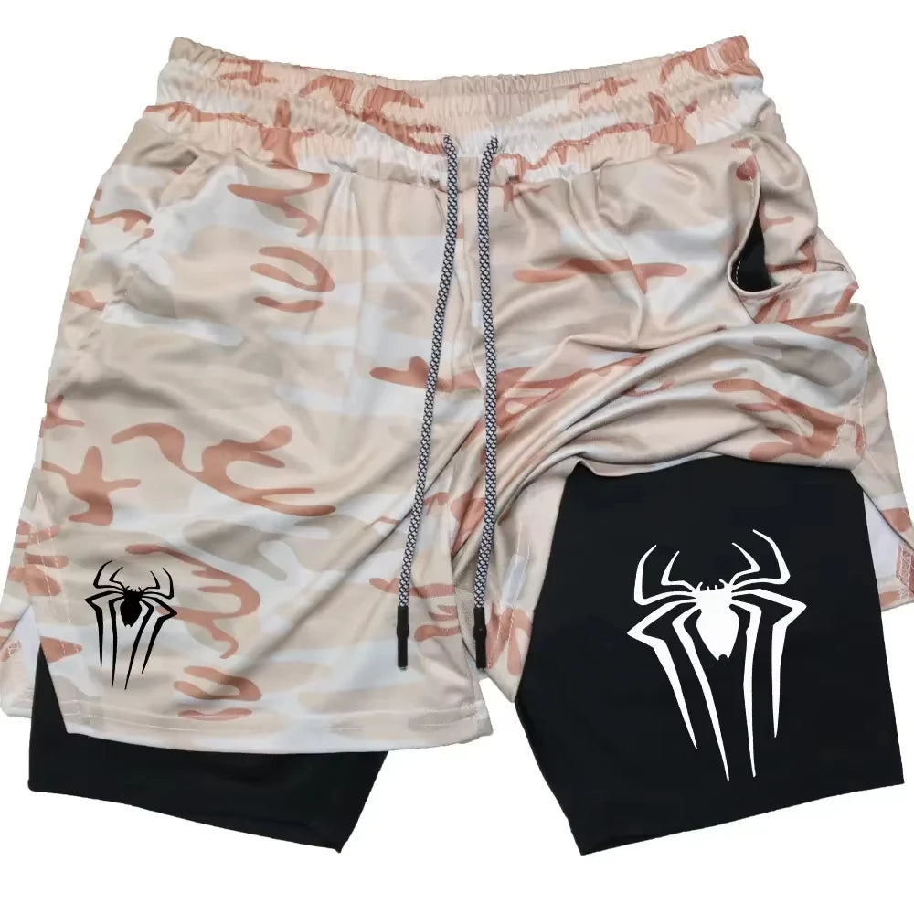 Y2K Spider Print 2-in-1 Men's Workout Shorts – Compression + Mesh Layer - OJABay