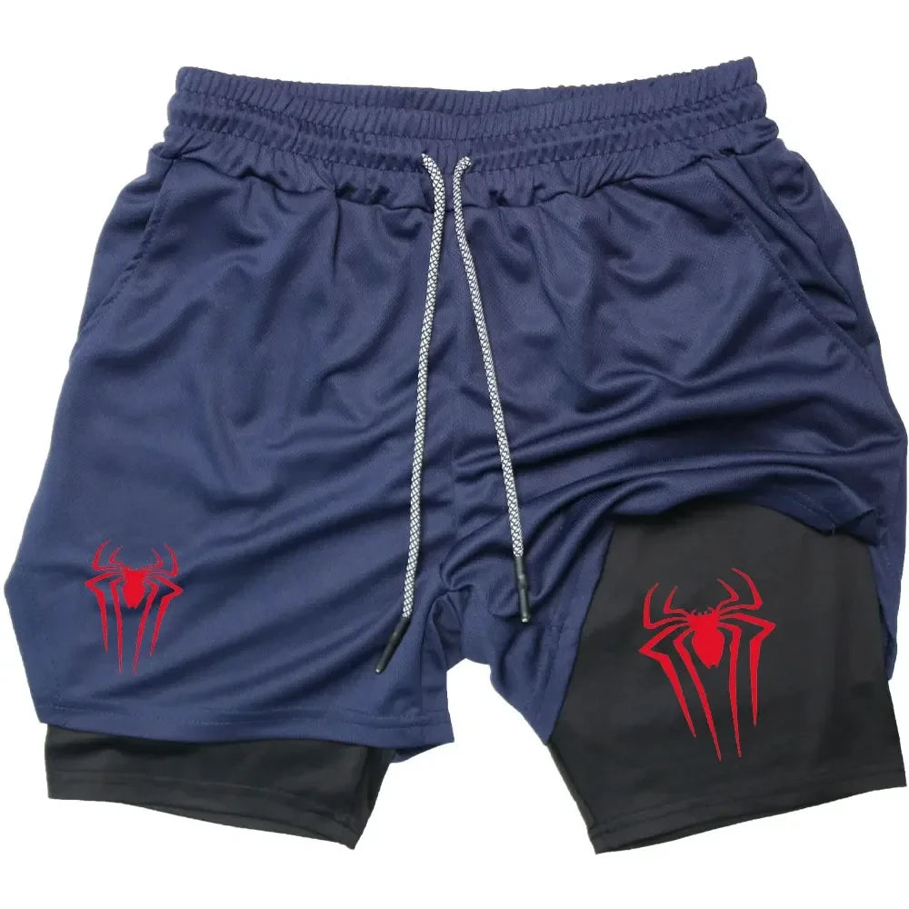 Y2K Spider Print 2-in-1 Men's Workout Shorts – Compression + Mesh Layer - OJABay