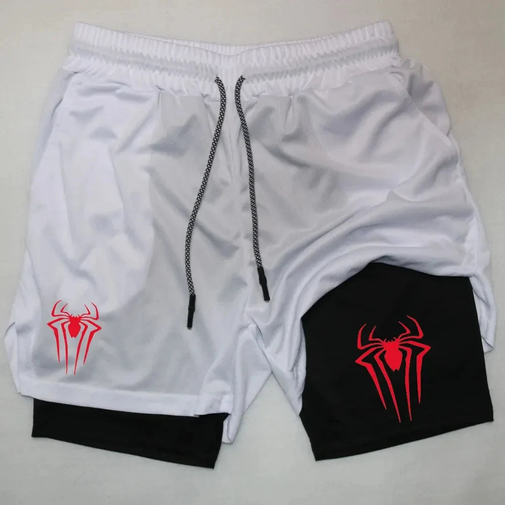 Y2K Spider Print 2-in-1 Men's Workout Shorts – Compression + Mesh Layer - OJABay