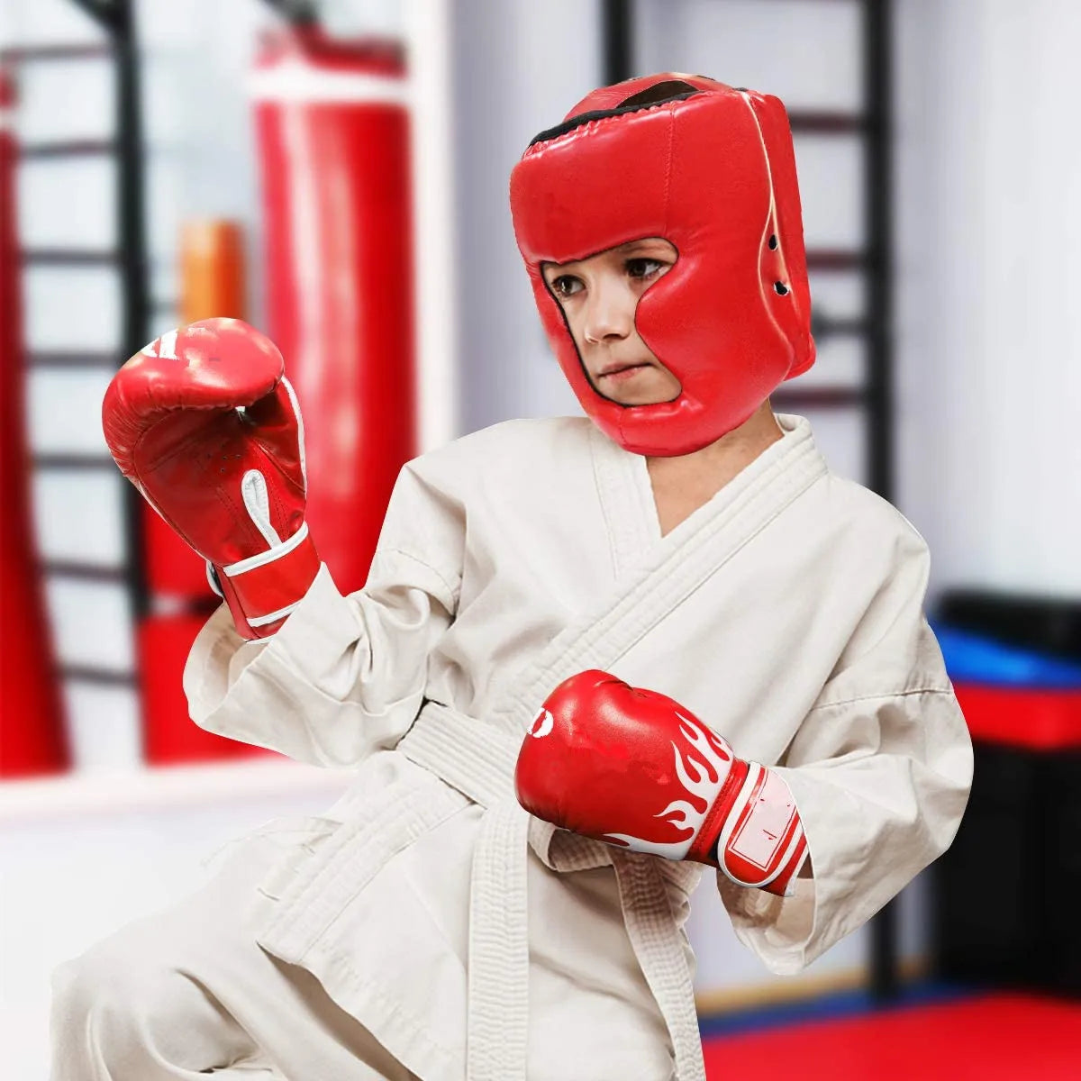 MMA Boxing Gloves & Headgear – PU Leather Training Set for Adults & Kids