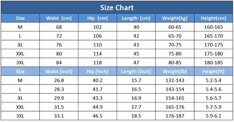 Size chart for clothing with measurements in centimeters and inches.
