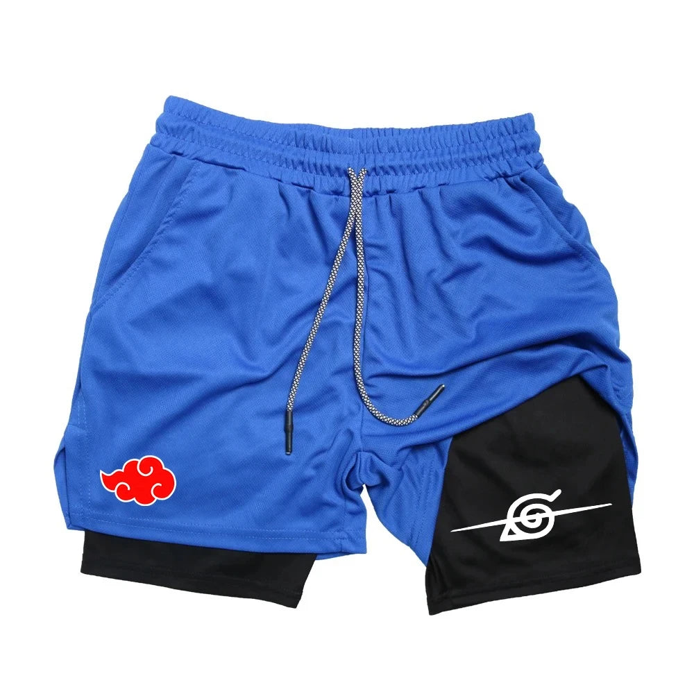 Men’s Anime Double Layer Workout Shorts – Quick-Dry Gym & Running Training Pants (M–3XL) - OJABay