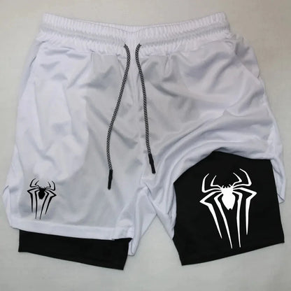 Y2K Spider Print 2-in-1 Men's Workout Shorts – Compression + Mesh Layer - OJABay