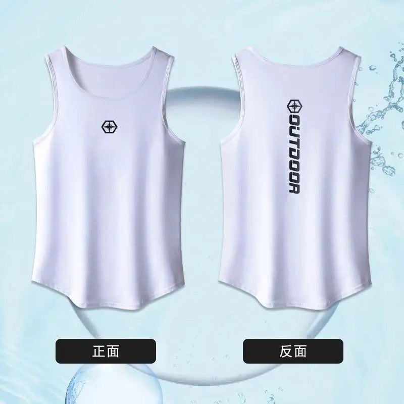 White tank top with logos on front and back against a light blue background