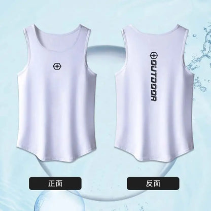 White tank top with logos on front and back against a light blue background