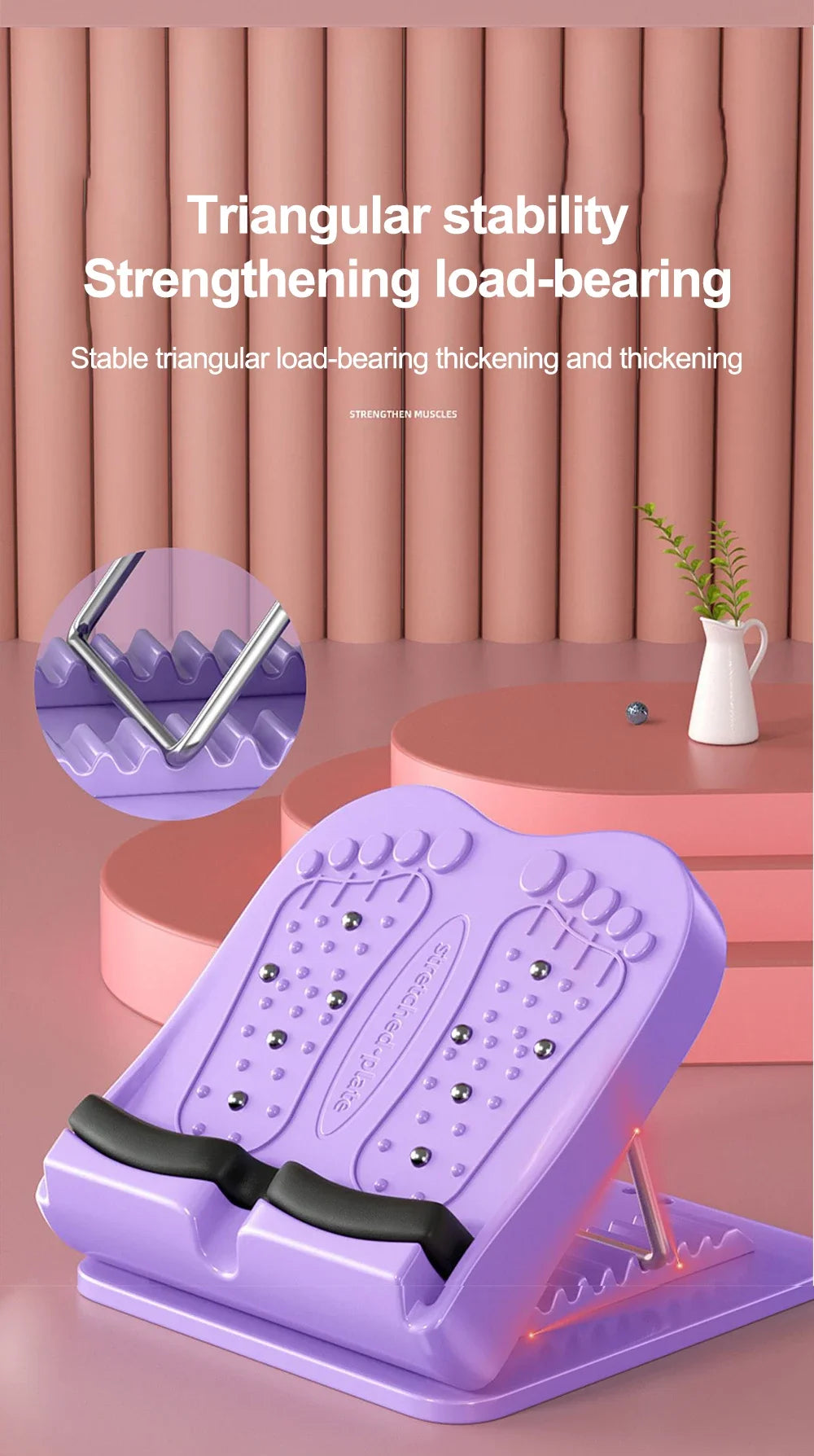 Purple step platform with text on triangular stability and load-bearing, placed on a pink surface with a plant in the background.