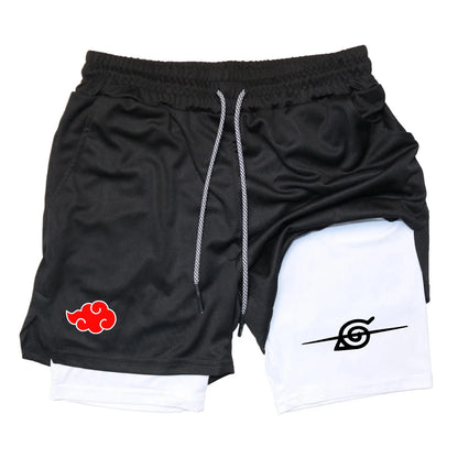 Men’s Anime Double Layer Workout Shorts – Quick-Dry Gym & Running Training Pants (M–3XL) - OJABay