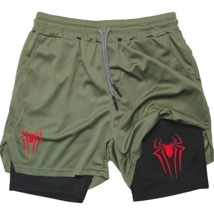 Y2K Spider Print 2-in-1 Men's Workout Shorts – Compression + Mesh Layer - OJABay