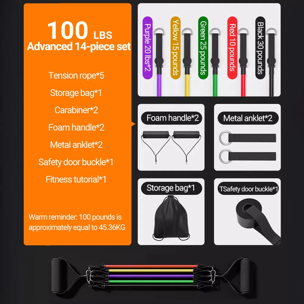 Resistance Bands Set 10–14PCS with Handles, Door Anchor & Ankle Straps