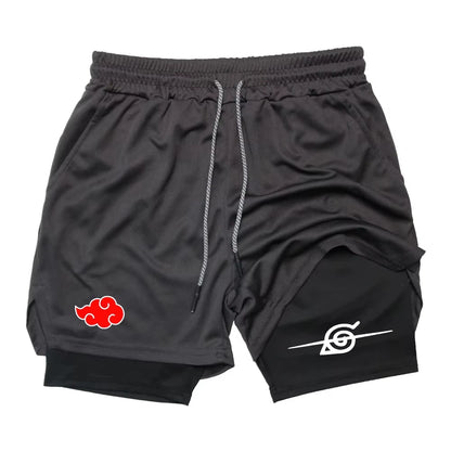 Men’s Anime Double Layer Workout Shorts – Quick-Dry Gym & Running Training Pants (M–3XL) - OJABay