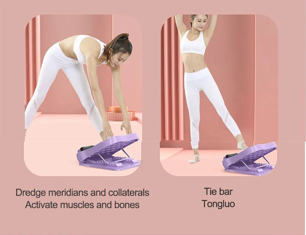 Woman using a purple step machine with text on a pink background
