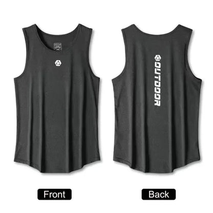 Black sleeveless shirt with logos on front and back, labeled 'Front' and 'Back'.