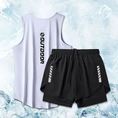 White tank top and black shorts set with 'OUTDOOR' branding on a textured blue background