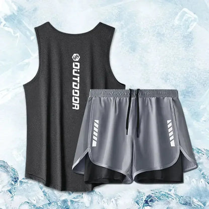 Black sleeveless shirt and gray shorts set with 'OUTDOOR' branding on a textured blue background