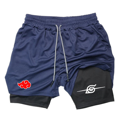 Men’s Anime Double Layer Workout Shorts – Quick-Dry Gym & Running Training Pants (M–3XL) - OJABay