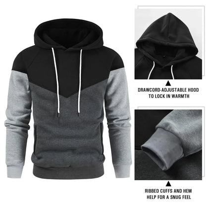 Men’s Patchwork Fleece Hoodie – Warm Casual Streetwear Pullover - OJABay