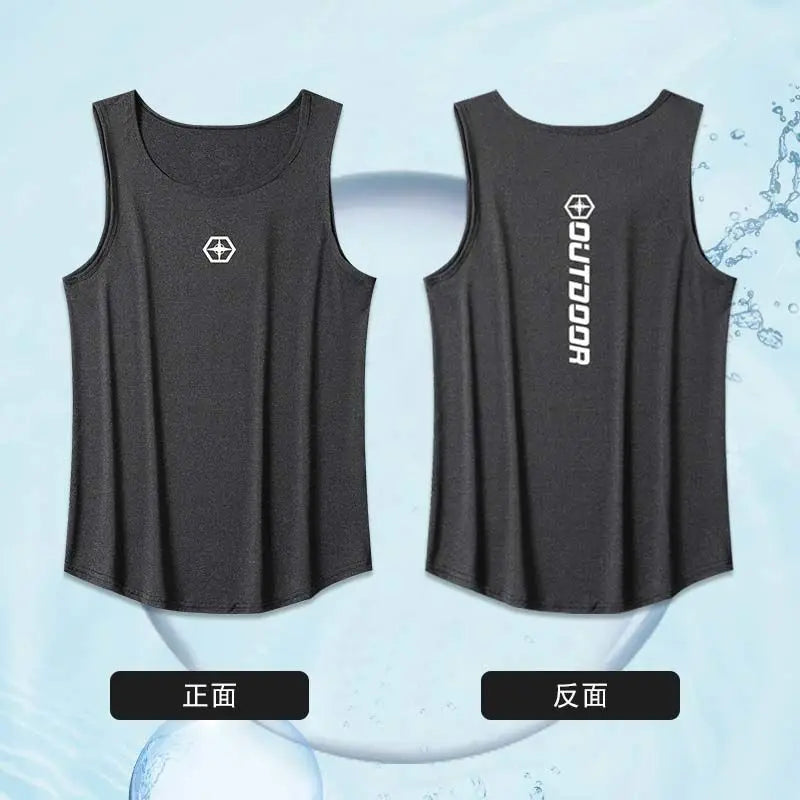 Black tank top with logos on front and back against a light blue background