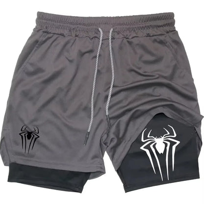 Y2K Spider Print 2-in-1 Men's Workout Shorts – Compression + Mesh Layer - OJABay