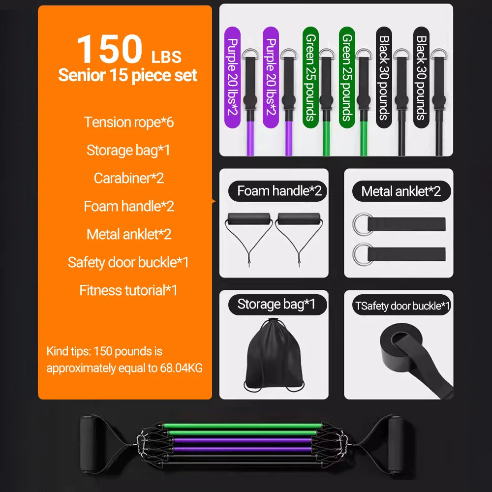 Resistance Bands Set 10–14PCS with Handles, Door Anchor & Ankle Straps