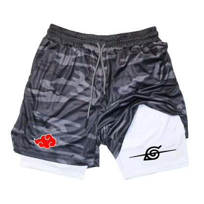 Men’s Anime Double Layer Workout Shorts – Quick-Dry Gym & Running Training Pants (M–3XL) - OJABay