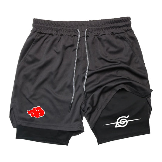Men’s Anime Double Layer Workout Shorts – Quick-Dry Gym & Running Training Pants (M–3XL) - OJABay