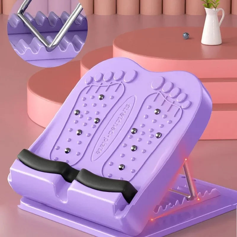 Purple foot exercise device on a pink surface with close-up inset showing metal component.