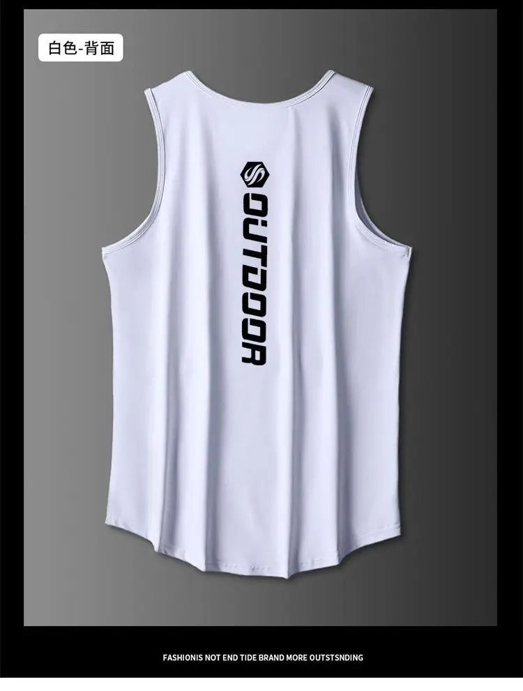 White sleeveless shirt with 'OUTDOOR' text on the back against a gray background
