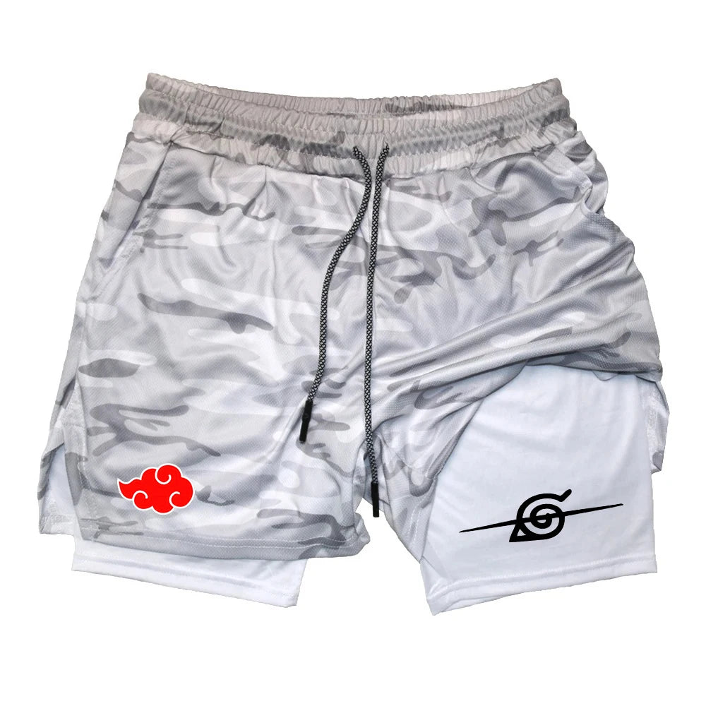 Men’s Anime Double Layer Workout Shorts – Quick-Dry Gym & Running Training Pants (M–3XL) - OJABay