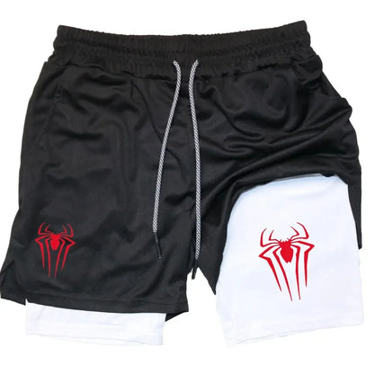 Y2K Spider Print 2-in-1 Men's Workout Shorts – Compression + Mesh Layer - OJABay